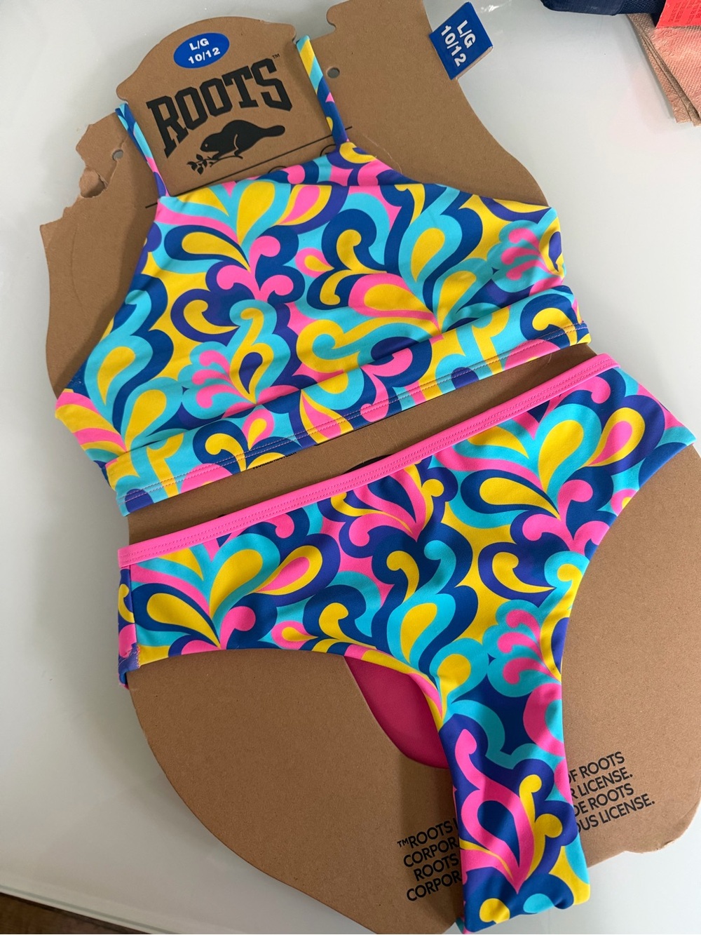 Roots Girls' Bright Swirl Two-Piece Bikini - Blue/Pink/Yellow - youth size 10-12